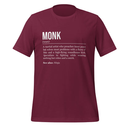 Maroon red monk T-shirt, front, showing the definition of the class Monk.