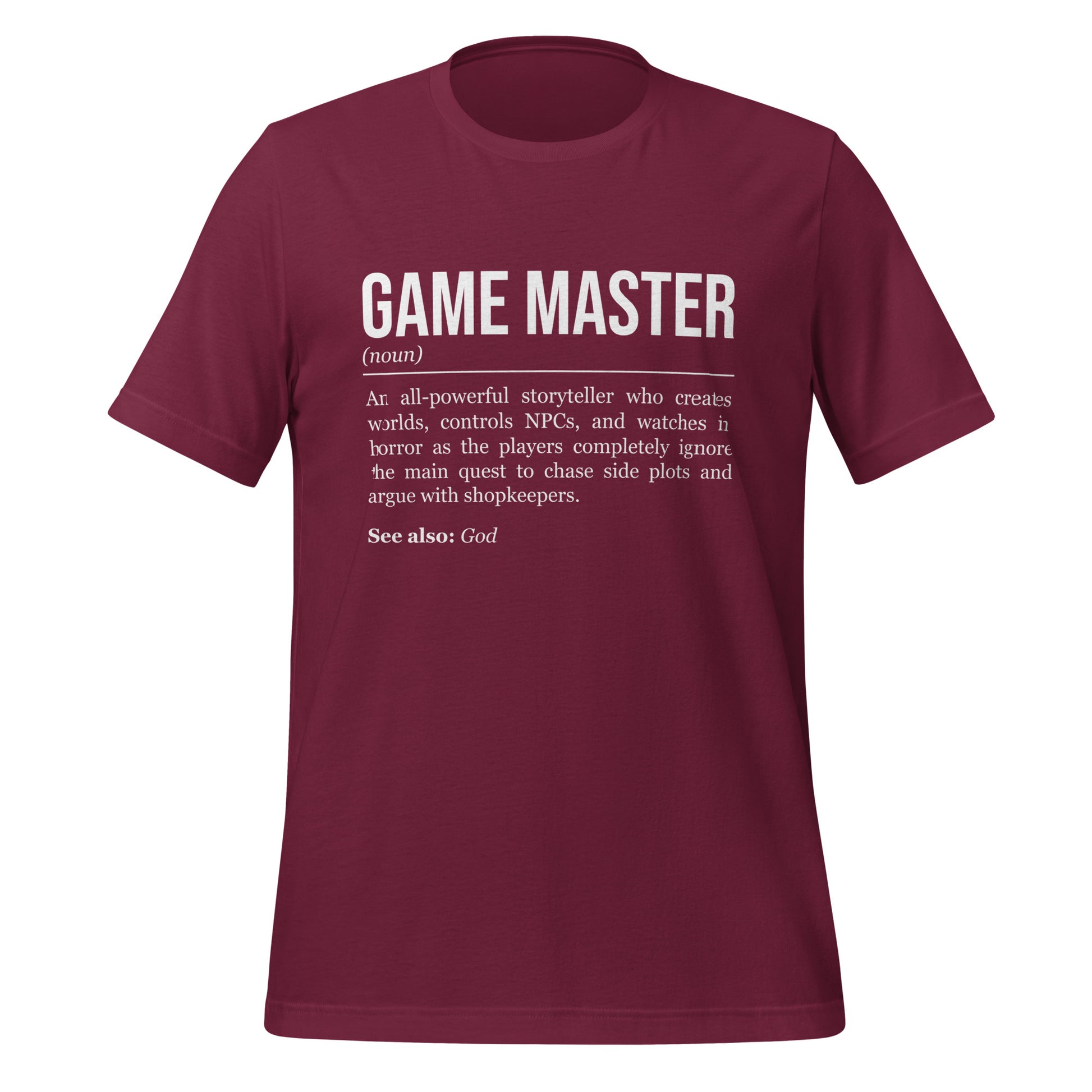 Maroon red RPG T-shirt, front, showing the definition of Game Master.