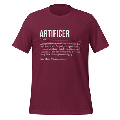 Maroon red artificer T-shirt, front, showing the definition of the class Artificer.
