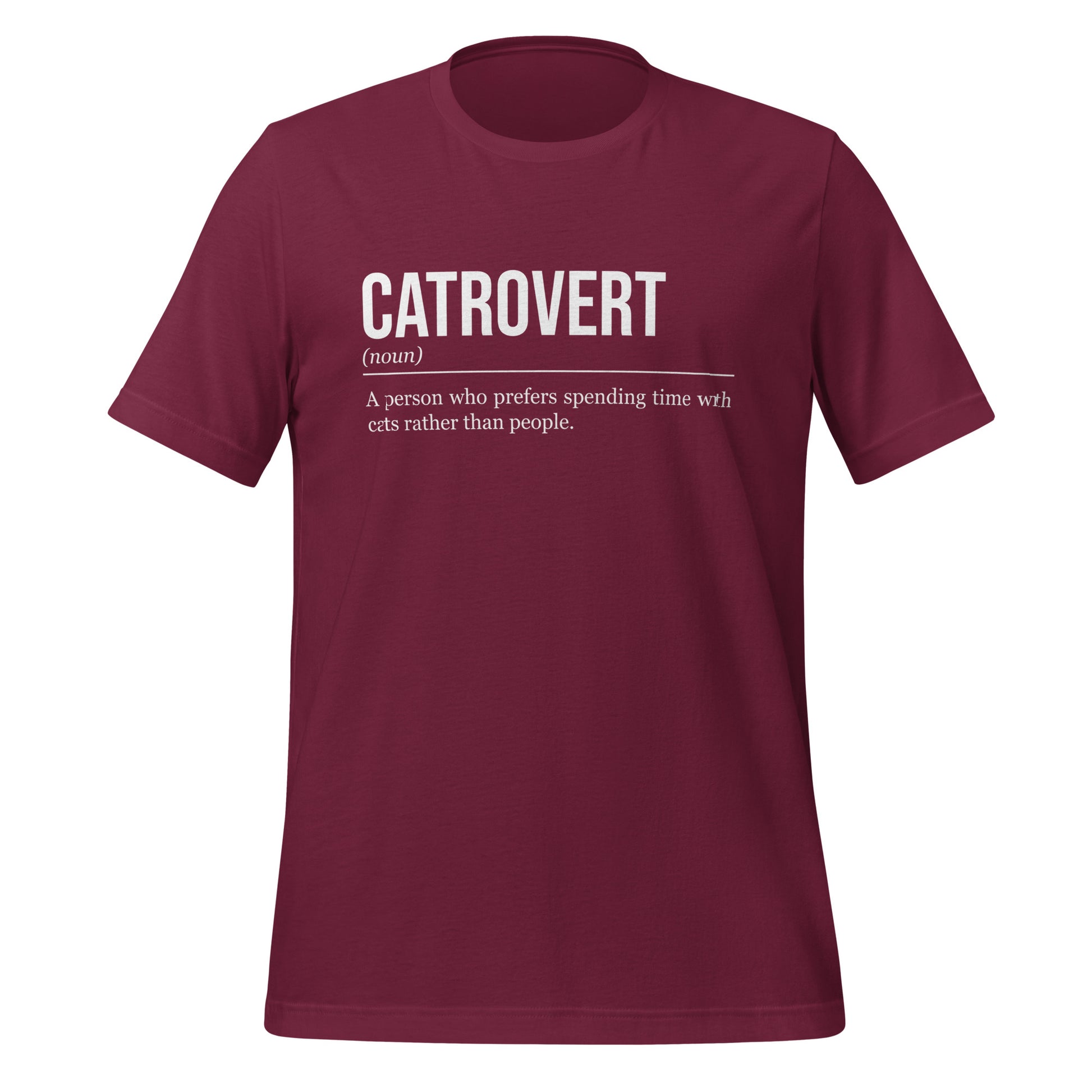 Maroon red cat T-shirt, front, showing the definition of the word Catrovert.