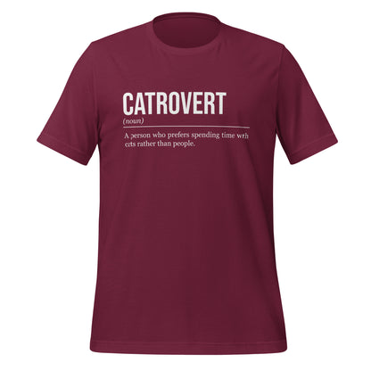 Maroon red cat T-shirt, front, showing the definition of the word Catrovert.