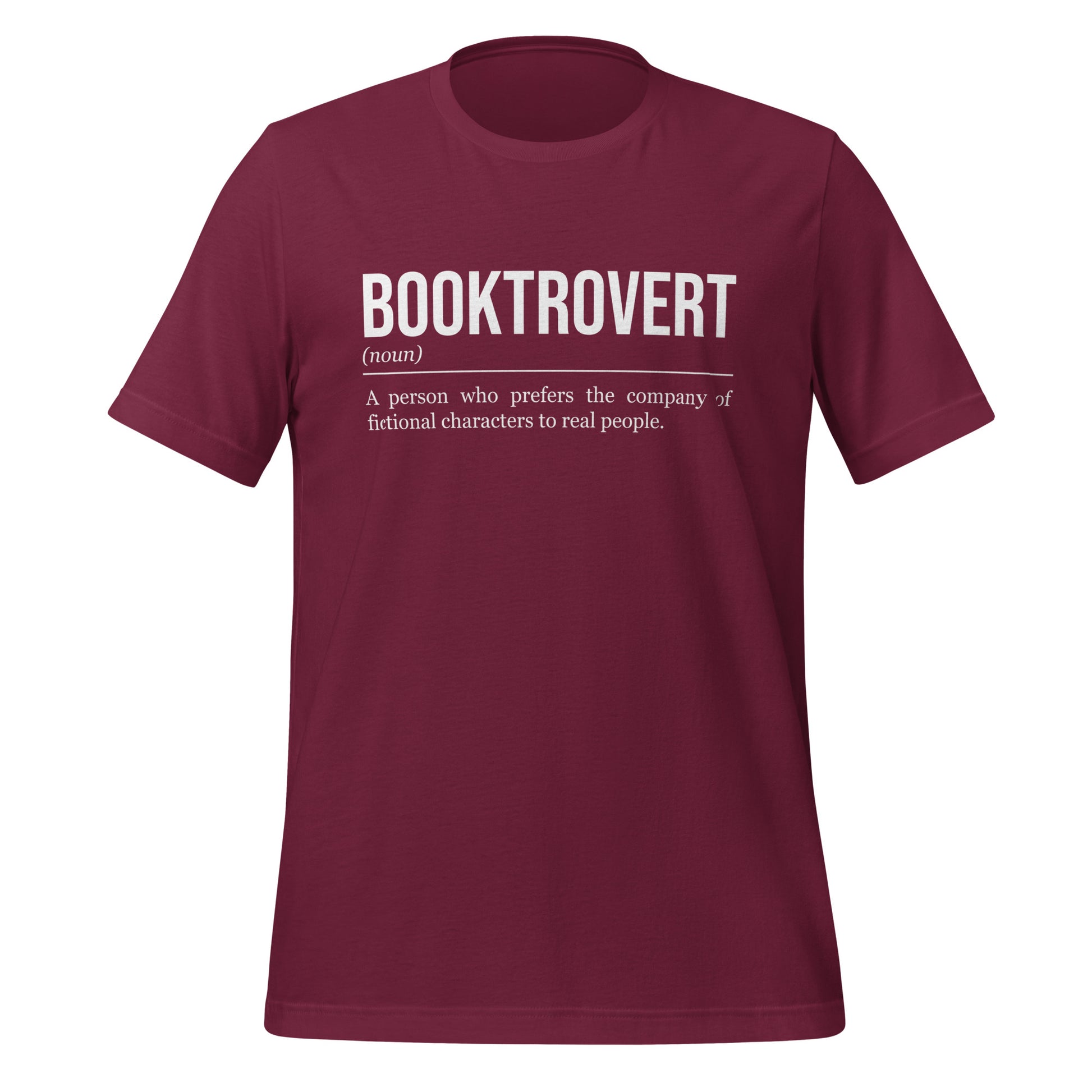 Maroon red book T-shirt, front, showing the definition of the word Booktrovert.