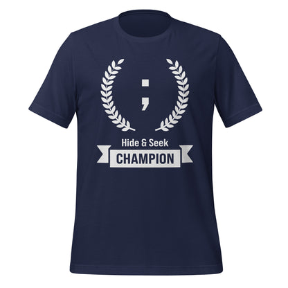 Navy blue programming T-Shirt, front, with the text Hide & Seek Champion, featuring a semicolon.