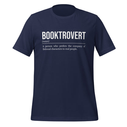 Navy blue book T-shirt, front, showing the definition of the word Booktrovert.
