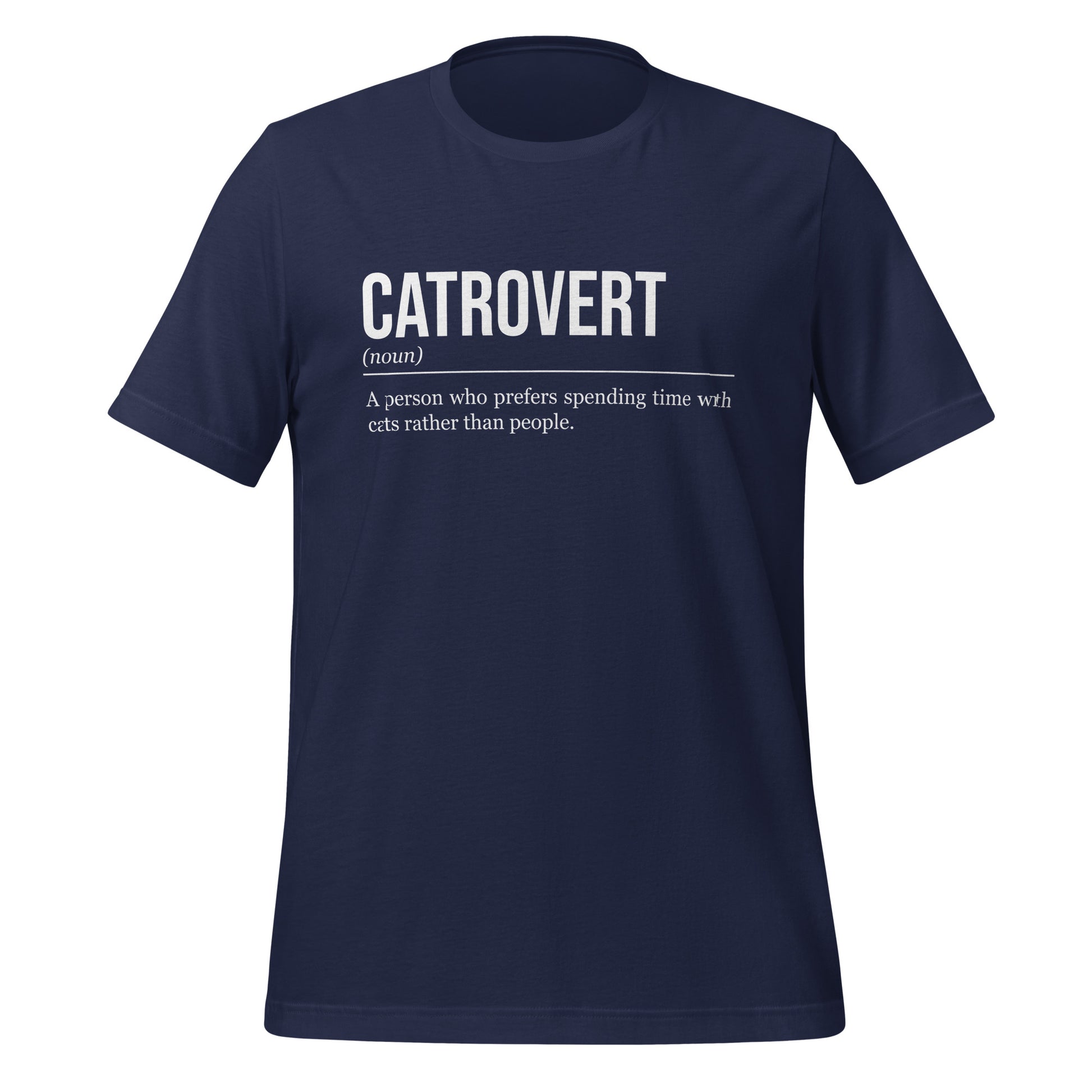 Navy blue cat T-shirt, front, showing the definition of the word Catrovert.