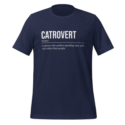 Navy blue cat T-shirt, front, showing the definition of the word Catrovert.