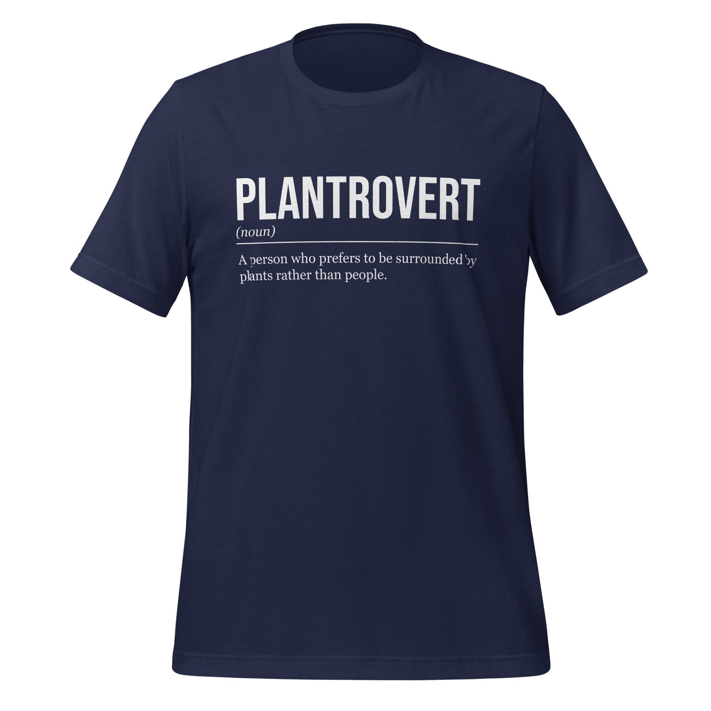 Navy blue plant T-shirt, front, showing the definition of the word Plantrovert.