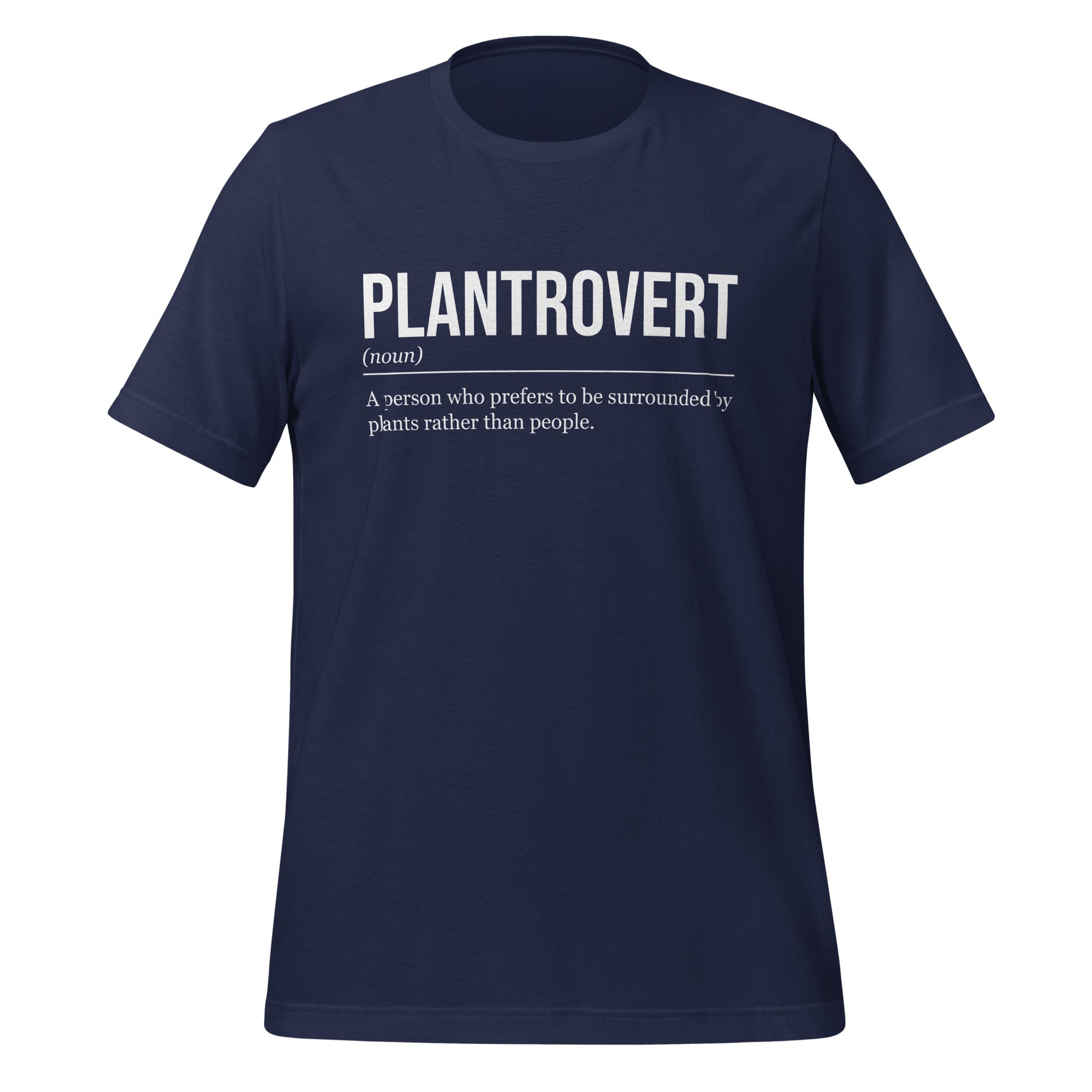 Navy blue plant T-shirt, front, showing the definition of the word Plantrovert.