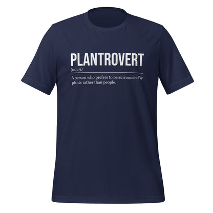 Navy blue plant T-shirt, front, showing the definition of the word Plantrovert.