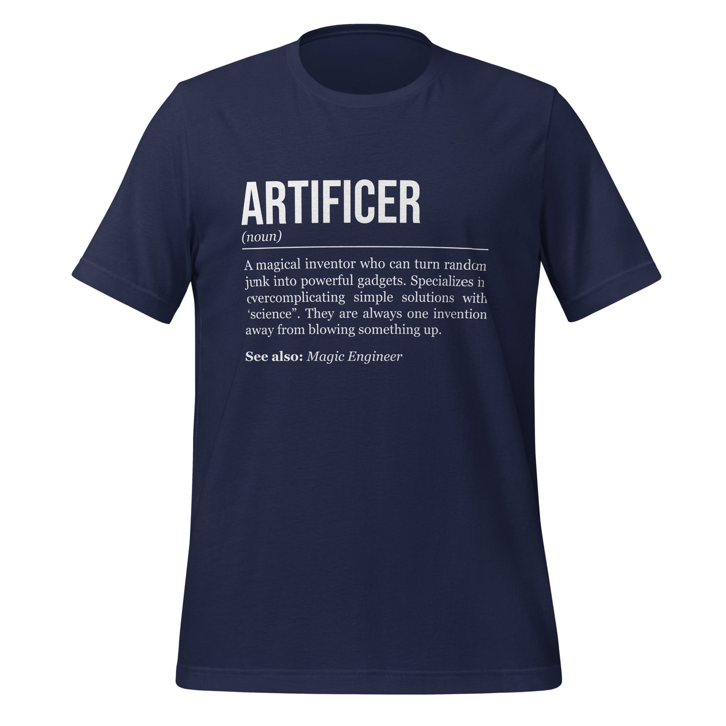 Navy blue artificer T-shirt, front, showing the definition of the class Artificer.