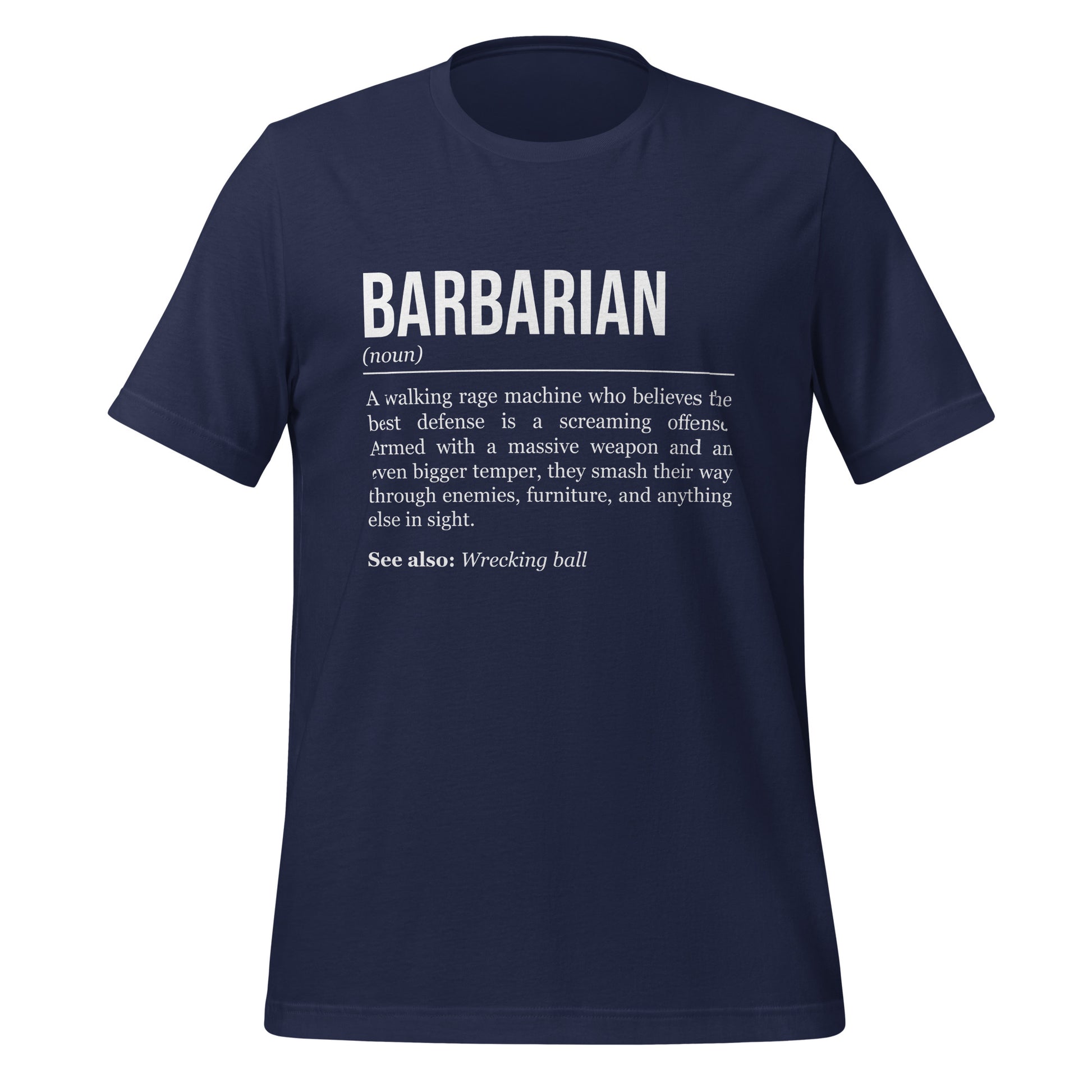 Navy blue barbarian T-shirt, front, showing the definition of the class Barbarian.