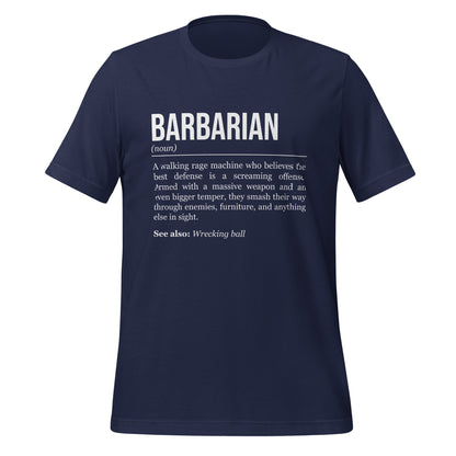 Navy blue barbarian T-shirt, front, showing the definition of the class Barbarian.