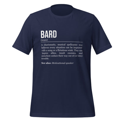 Navy blue bard T-shirt, front, showing the definition of the class Bard.