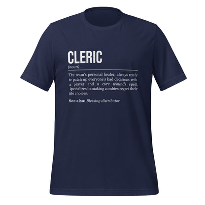 Navy blue cleric T-shirt, front, showing the definition of the class Cleric.