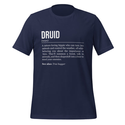 Navy blue druid T-shirt, front, showing the definition of the class Druid.