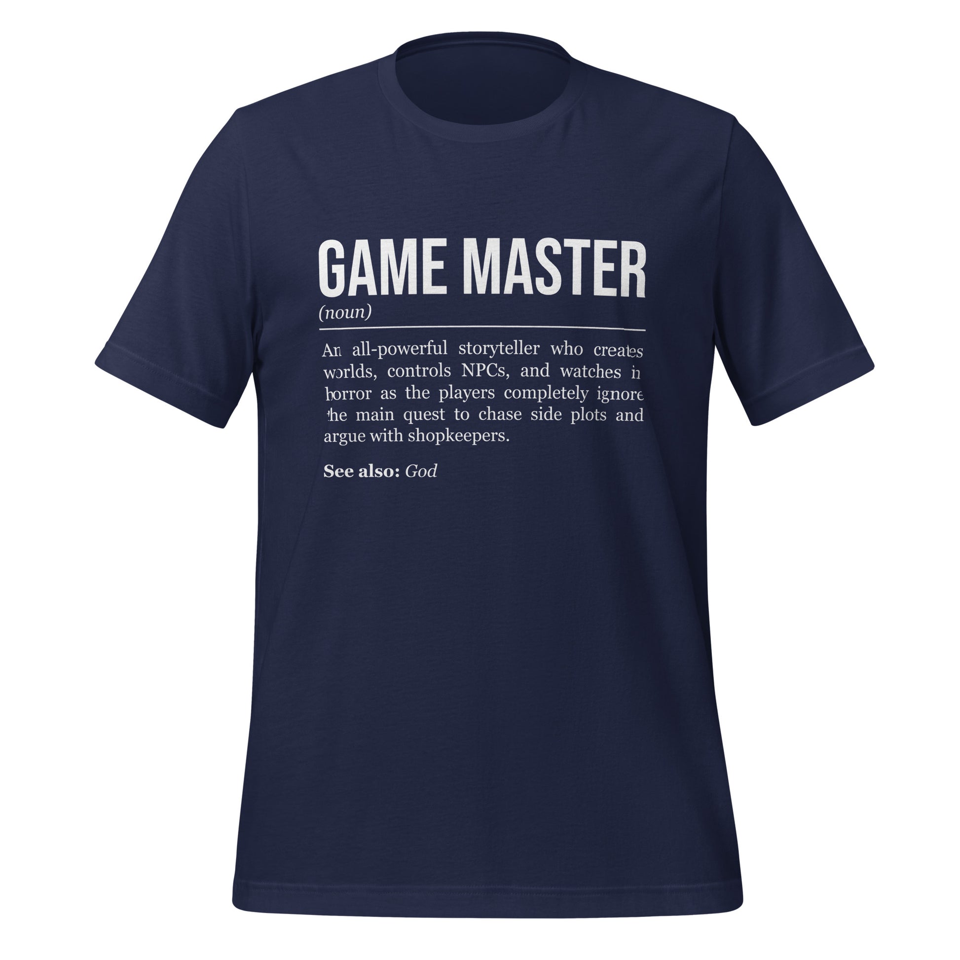 Navy blue RPG T-shirt, front, showing the definition of Game Master.