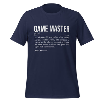 Navy blue RPG T-shirt, front, showing the definition of Game Master.