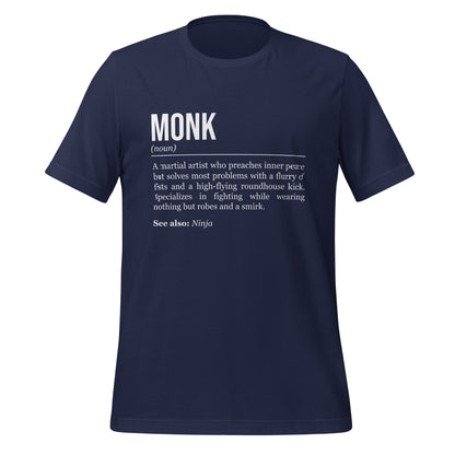 Navy blue monk T-shirt, front, showing the definition of the class Monk.