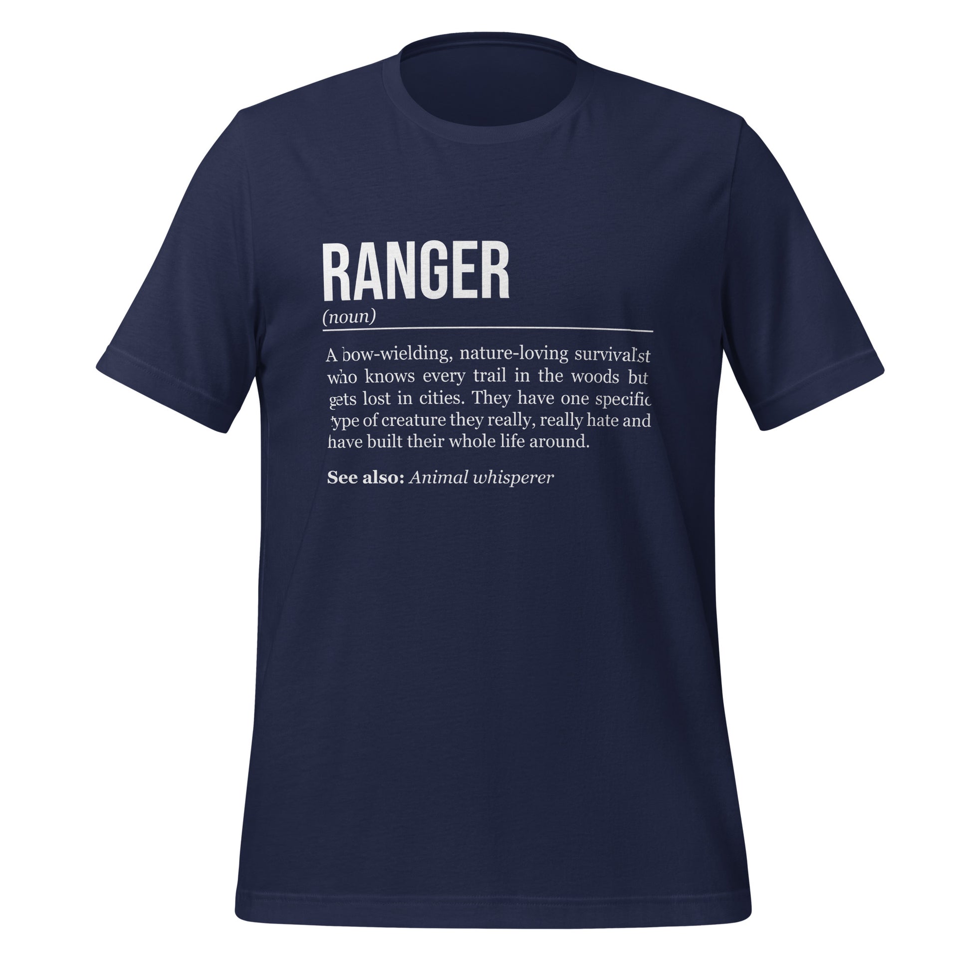 Navy blue ranger T-shirt, front, showing the definition of the class Ranger.
