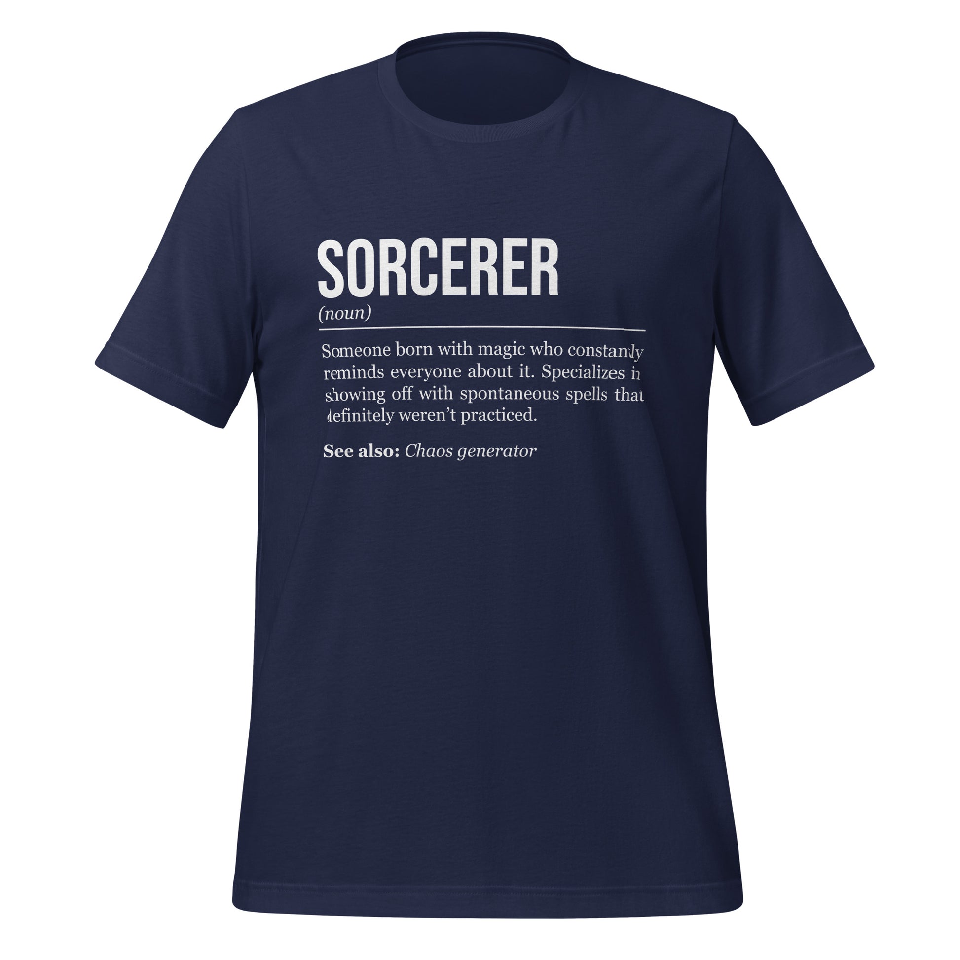 Navy blue sorcerer T-shirt, front, showing the definition of the class Sorcerer.