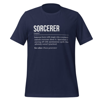 Navy blue sorcerer T-shirt, front, showing the definition of the class Sorcerer.