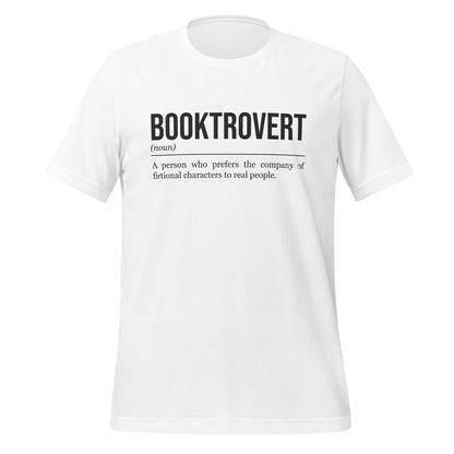 White book T-shirt, front, showing the definition of the word Booktrovert.