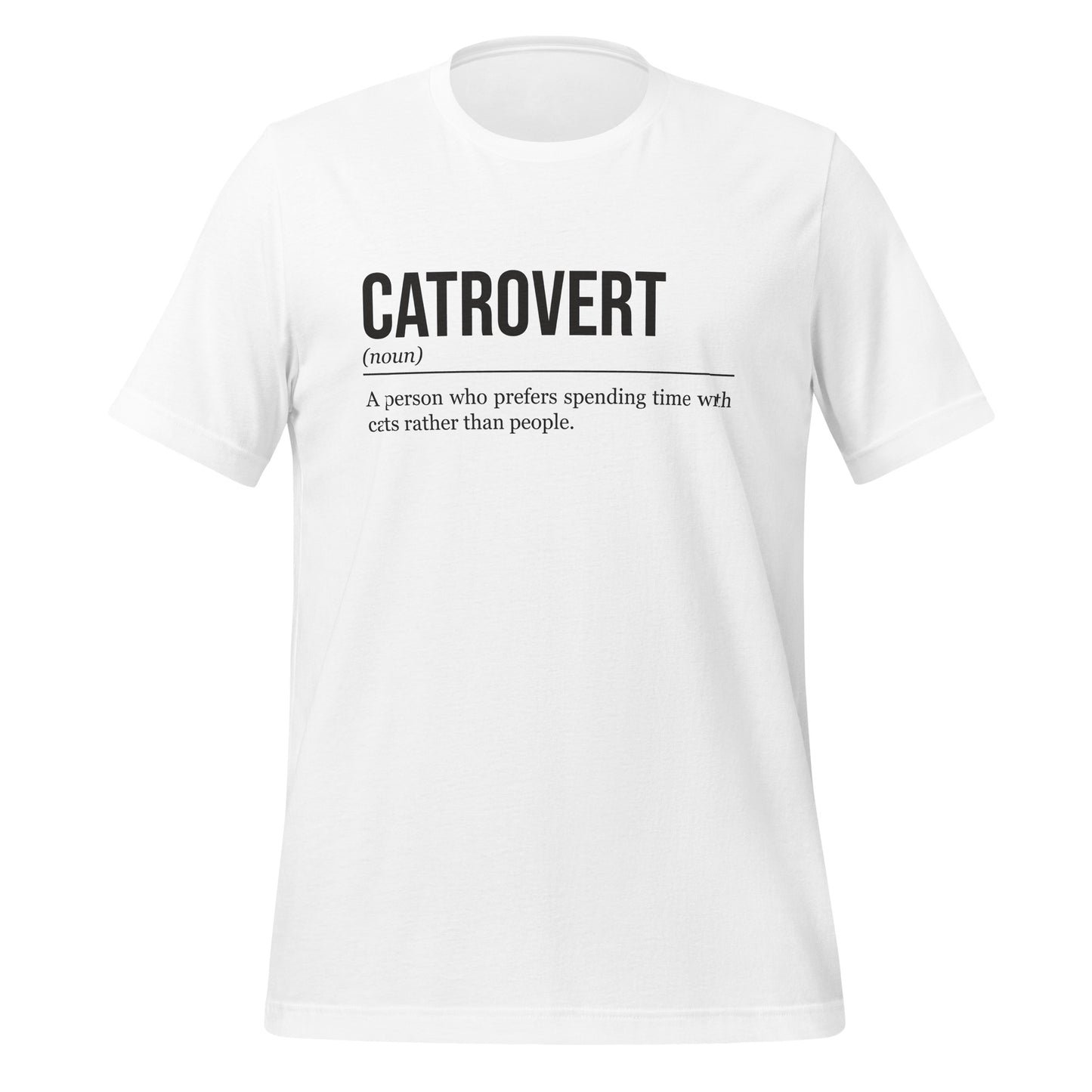 White cat T-shirt, front, showing the definition of the word Catrovert.