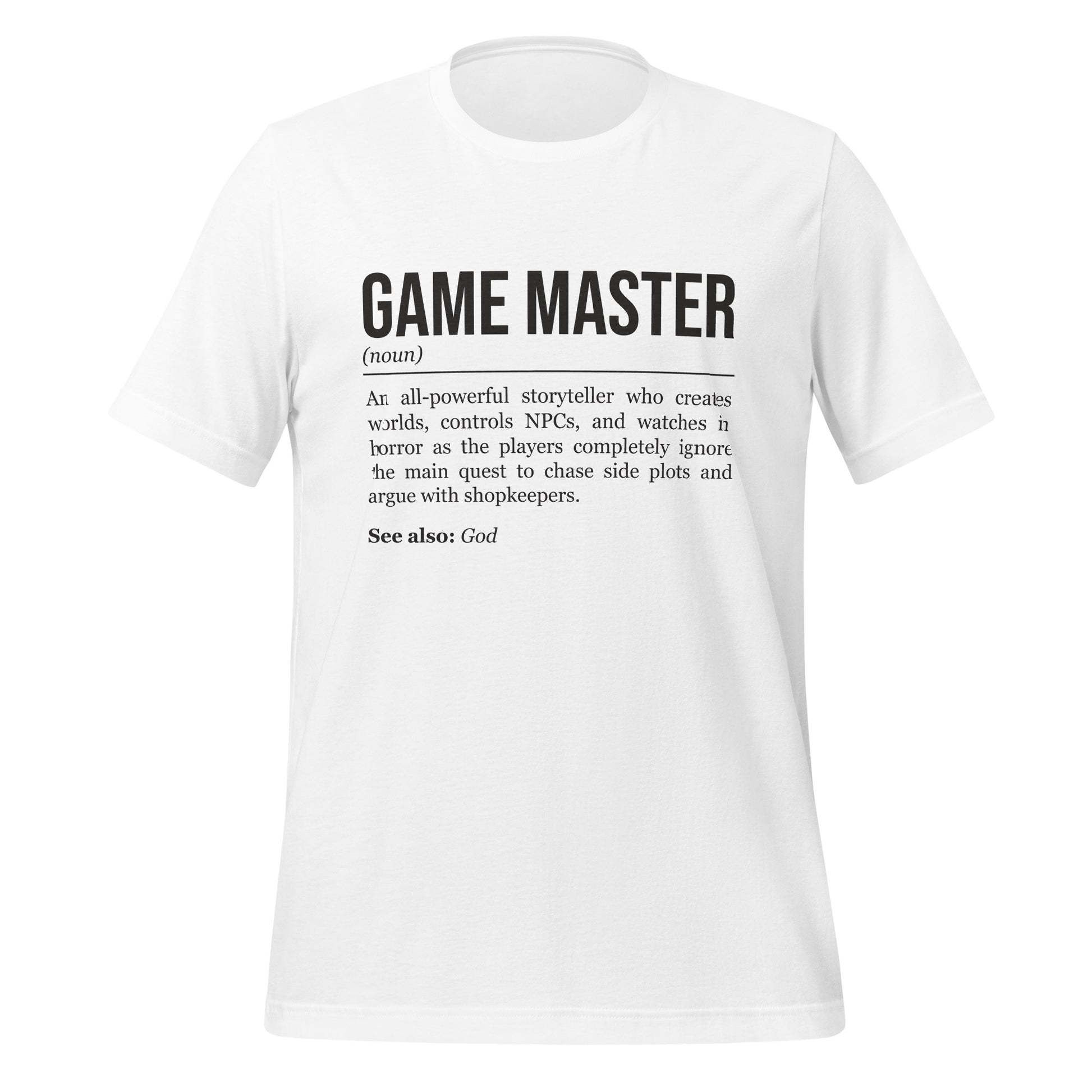 White RPG T-shirt, front, showing the definition of Game Master.
