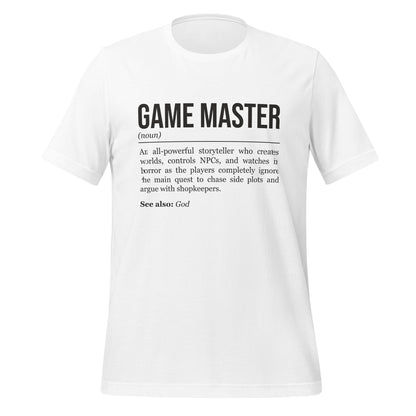 White RPG T-shirt, front, showing the definition of Game Master.