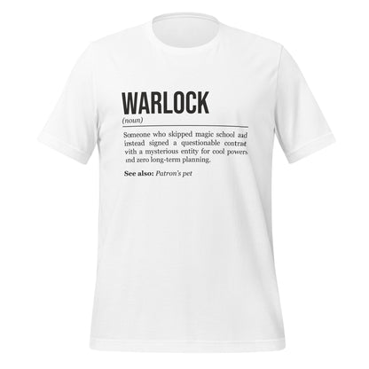 White warlock T-shirt, front, showing the definition of the class Warlock.